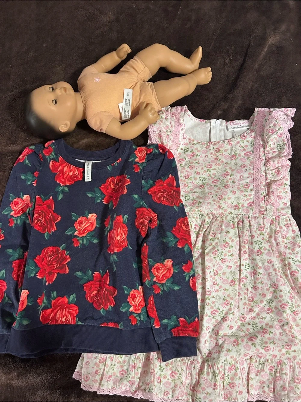 American Girl - LoveShackFancy Floral Dress, Janie&Jack Red Rose Top, BittyBaby